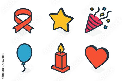 Festive Icon Set. Festive Sentiment modern flat icons set: Ribbon, Star, Confetti, Balloon, Candle, Heart.