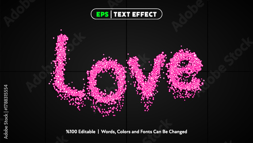 Love text effect with pink particles on dark background for romantic and affectionate designs vector editable style