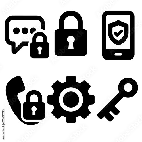 Brutalist Secure Icons. Secure Communication silhouette icon set: encrypted chat, lock icon, VPN mobile, secure call, privacy settings, authentication key.