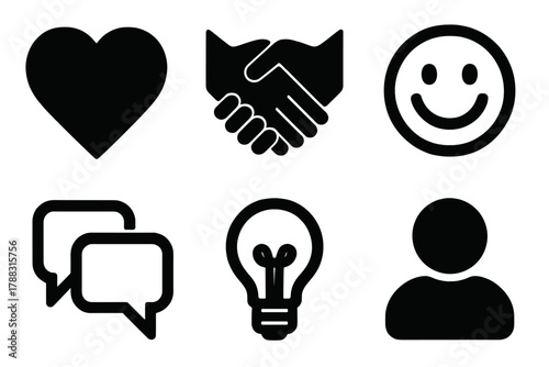 Empathy Icons Set. Emotional empathy silhouette icon set: heart, hands holding, smile face, chat bubbles, light bulb, person icon.