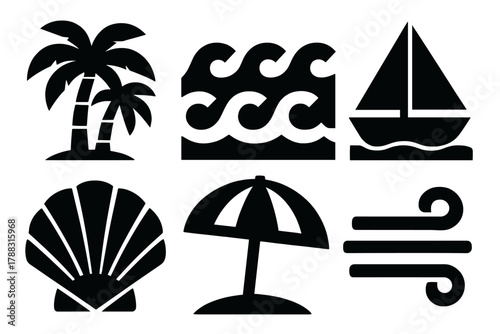 Brutalist Ocean Icons. Ocean Breeze silhouette icon set: palm trees, waves, sailboat, seashell, beach umbrella, light wind lines.