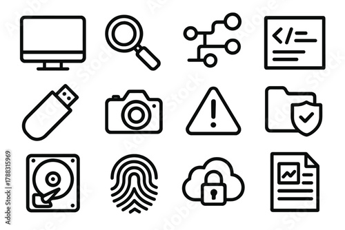 Digital Forensics Icons. Digital Investigation linear icon set: computer monitor, magnifier tool, data flow, code lines, USB drive, camera icon, alert popup, forensic folder, hard