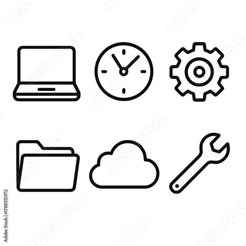 Tech Tools Icons. Technical response time linear icon set: laptop, clock, gear, document folder, cloud, wrench.