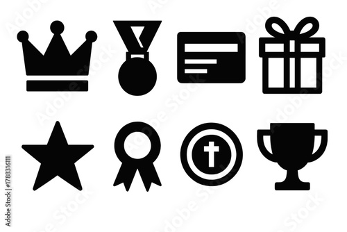 Bold Loyalty Icons. VIP Loyalty Set silhouette icon set: crown, medal, card, gift, star, ribbon, coin, trophy.