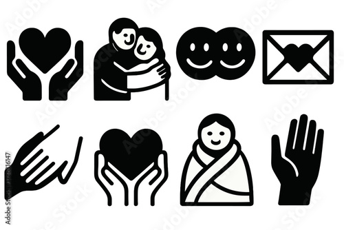 Affection Icon Set. Affection Concept silhouette icon set: heart in hands, warm hug, smiling faces, love letter, gentle touch, shared heart, cozy blanket, caring gesture.