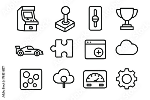 Retro Arcade Icons. Arcade Games linear icon set: game console, joystick, coin slot, racing car, puzzle piece, trophy icon, app window, notification badge, cloud icon, button