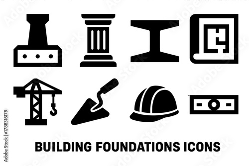 Brutalist Construction Icons. Building Foundations silhouette icon set: concrete base, pillar, beam, blueprint, crane, trowel, hard hat, level tool.