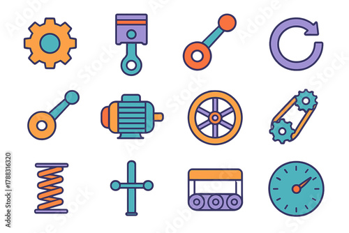 Mechanical Vector Icons. Mechanical Movement flat icons: gear, piston, lever, rotation arrow, crank, motor, wheel, chain, spring, axis, conveyor, dial.