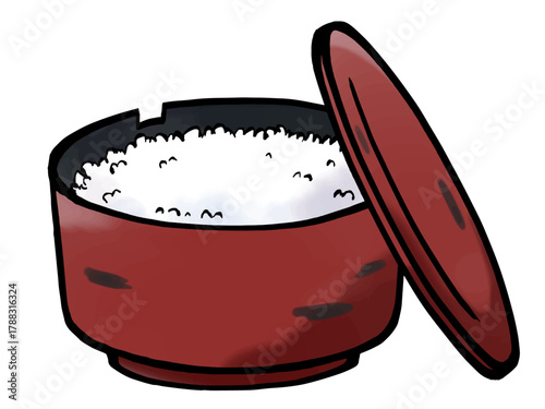 ごはんとおひつのイラスト （筆タッチ） シンプル 旅館 / Cooked rice in a wooden rice container (Ohitsu)	