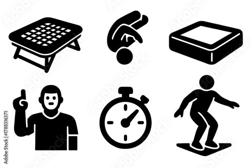Trampoline Gymnastics Icons. Trampoline Gymnastics silhouette icon set: trampoline bed, mid-air flip, safety mat, coach, timer, landing stance.