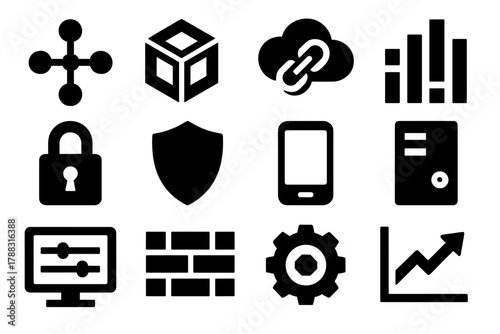 Brutalist Tech Icons. Technology Platform silhouette icon set: network hub, digital cube, cloud link, data stream, secure connection, shield icon, mobile app, server tower, gear