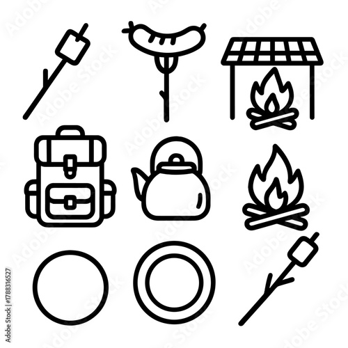 Campfire Grilling Icons. Campfire Grilling linear icon set: marshmallow skewer, hotdog stick, campfire, grill grate, flame, backpack, kettle, plate.