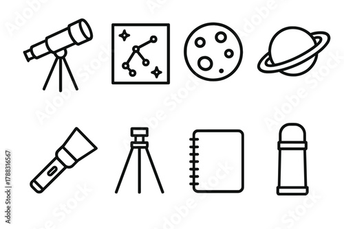 Astronomy Observation Icons. Night Sky Observation Set linear icon set: telescope, star chart, moon, planet, flashlight, tripod, notebook, thermos.