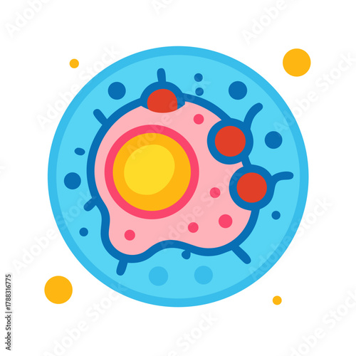 Colorful schematic representation of a biological cell with surrounding elements
