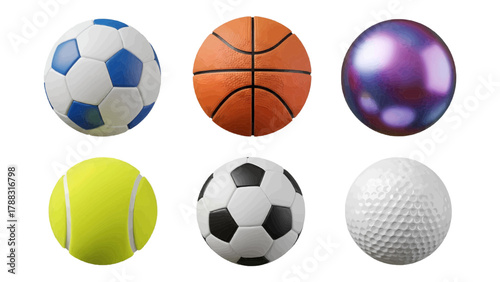 Vector illustration of collection of six different sports balls on a transparent background