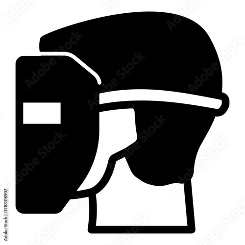 Welder with protective metal mask solid icon, safety workwear concept. Vector graphics. Man face with mask for welding sign on white background, style icon mobile or web design.