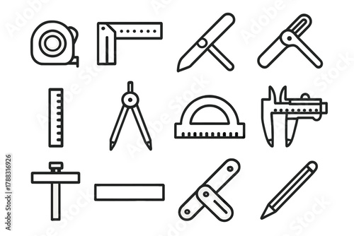 Woodworking Tool Icons. Woodworking Measuring Tools linear icon set: tape measure, try square, bevel gauge, marking gauge, ruler, compass, protractor, caliper, depth ruler,