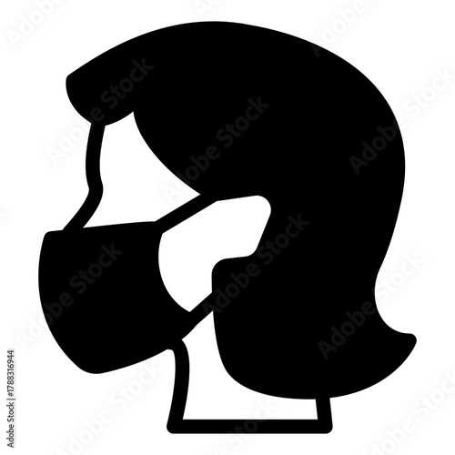 Woman head with antibacterial mask solid icon, safety workwear concept. Vector graphics. Girl face with disposable mask sign on white background, style icon mobile or web design.
