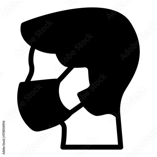 Man head with antibacterial mask solid icon, safety workwear concept. Vector graphics. Boy face with disposable mask sign on white background, style icon mobile or web design.