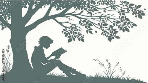 Silhouette of a person reading a book under the shade of a large leafy tree outdoors