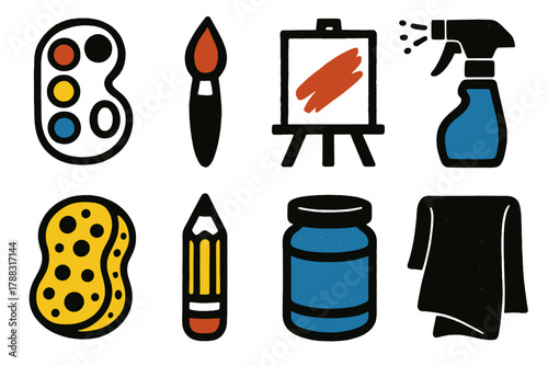 Brutalist Art Supplies. Creative Painting Icons silhouette icon set: watercolor palette, paintbrush, canvas, spray bottle, sponge, pencil, jar, towel.