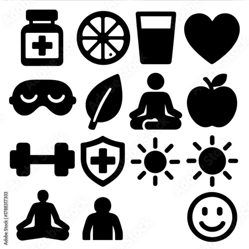 Immunity Icons Vector. Boosting Immunity silhouette icon set: vitamin bottle, orange, glass of water, heart, sleep mask, leaf, yoga pose, apple, dumbbell, shield, sun, smile.