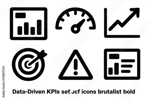 Bold KPI Icons. Data-Driven KPIs silhouette icon set: dashboard display, metric gauge, trend line, target comparison, alert symbol, analytics summary.