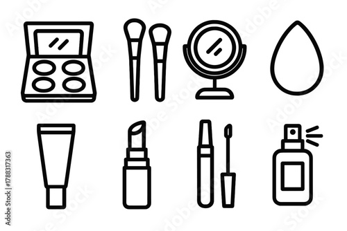 Makeup Essentials Icons. Professional Makeup Icons linear icon set: makeup palette, brushes, mirror, sponge, concealer, contour stick, lip gloss, setting spray.