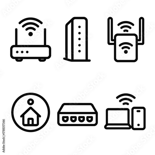 Home Network Components. Home Networking linear icon set: Wi-Fi router, modem, range extender, smart hub, network switch, connected devices.