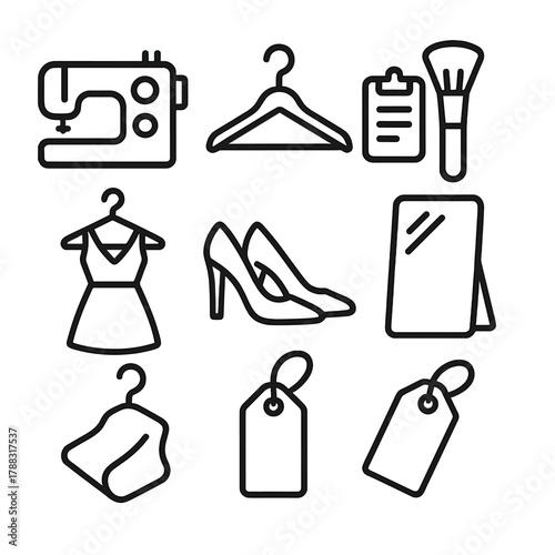 Fashion Icon Collection. Backstage Runway Set linear icon set: sewing machine, hanger, clipboard, makeup brush, dress, shoes, mirror, tag.