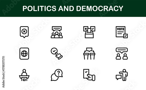 Dynamic Politics and Democracy Icon Collection mapping Government Apps, Election Programs, and Civic Tools
