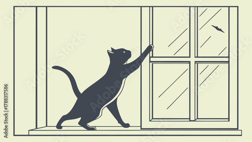 Silhouette of a black cat reaching up to scratch a window pane with a small insect outside