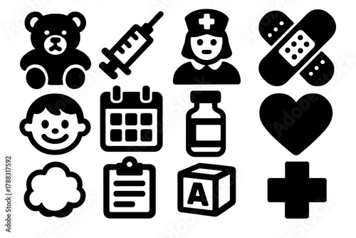 Pediatric Vaccine Icons. Pediatric Vaccination silhouette icon set: teddy bear, syringe, nurse, band-aid, smiling child, calendar, vaccine vial, heart, cotton ball, clipboard, toy