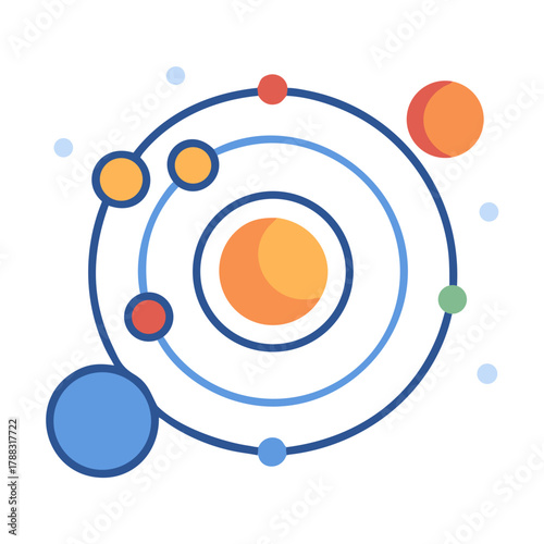 Flat Solar System Illustration with Planets and Orbiting Paths