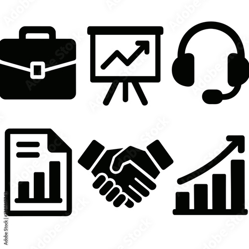 Business Icon Set. Business listening silhouette icon set: briefcase, chart board, headset, document chart, handshake, bar graph.