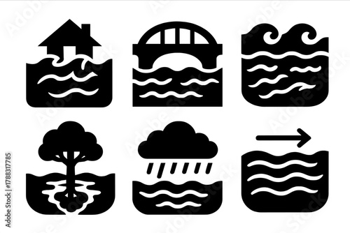 Brutalist Flood Icons. River Flood silhouette icon set: overflowing river, bridge waterline, muddy waves, tree reflection, rainfall cloud, current flow.