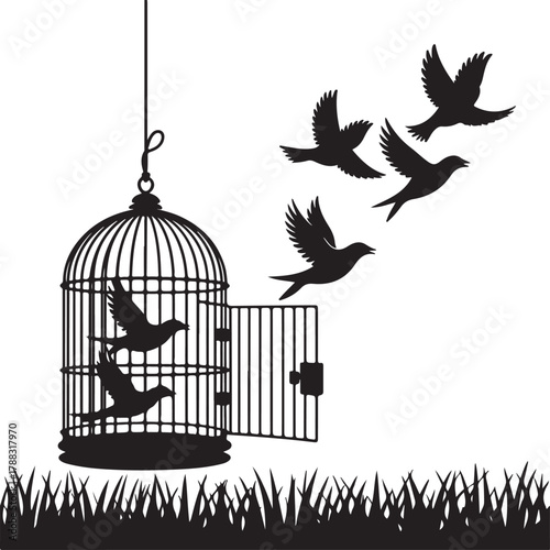 Birds flying free from an open cage into a bright sky