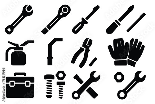Brutalist Toolbox Icons. Mechanic’s Toolbox silhouette icon set: socket wrench, torque wrench, ratchet, screwdriver, oil can, hex key, pliers, gloves, toolbox, nuts, bolts, spanner