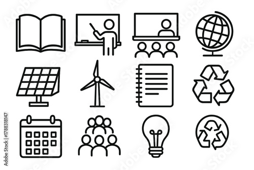 Smart Energy Education. Educational Smart Energy linear icon set: open book, chalkboard, teacher icon, classroom, globe, student group, solar panel, wind turbine, notebook,