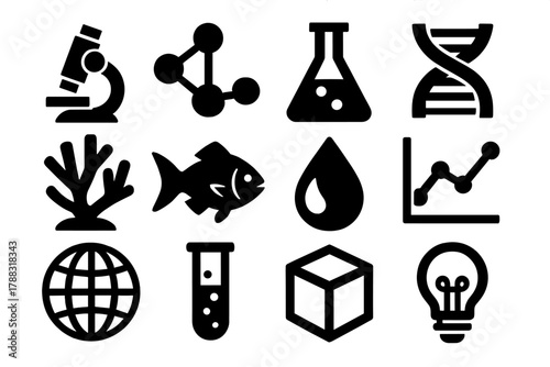 Bold Marine Icons. Scientific Marine Life silhouette icon set: microscope, molecular model, lab flask, DNA helix, coral, fish, water droplet, graph chart, globe, test tube, 3D cube