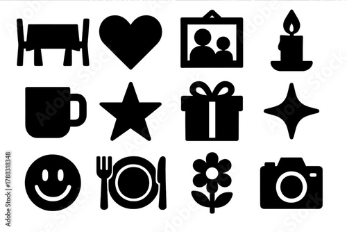 Brutalist Family Icons. Family Moments silhouette icon set: dinner table, heart, photo frame, candle, cup, star, gift, sparkle, smile, plate, flower, camera.