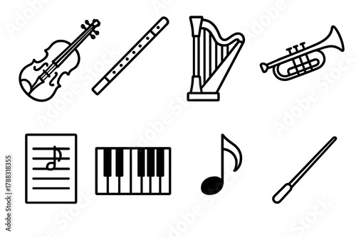 Instrument Icons Ensemble. Instrumental Melody linear icon set: violin, flute, harp, trumpet, music sheet, piano keys, note, baton.