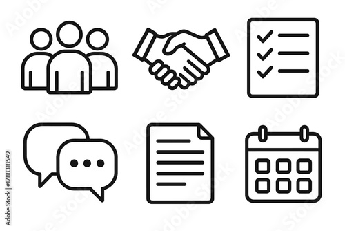 Teamwork Icon Set. Team consensus linear icon set: group of people, handshake, checklist, chat bubbles, document, calendar.