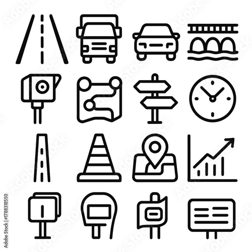 Highway Management Icons. Highway Management linear icon set: highway, truck, car, bridge, speed camera, route map, signpost, clock, lane divider, traffic cone, GPS icon, chart.