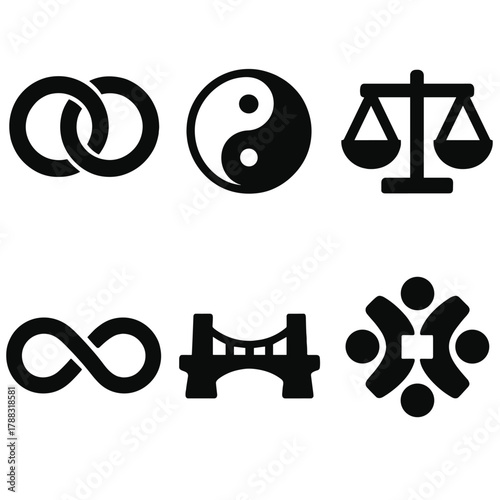 Symbolic Unity Icons. Symbolic Unity silhouette icon set: interlocking rings, harmony sign, balanced scale, infinity loop, bridge connection, unity emblem.