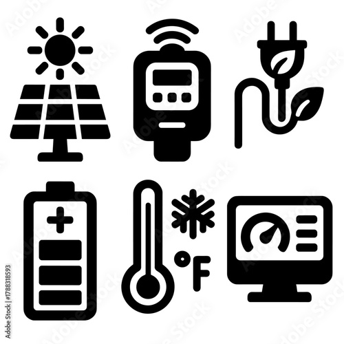 Energy Icon Set. Energy Management silhouette icon set: solar panel, smart meter, power-saving plug, battery storage, temperature control, usage dashboard.