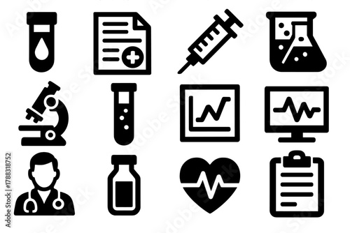 Brutalist Medical Icons. Medical Testing silhouette icon set: blood sample, lab report, syringe, beaker, microscope, test tube, chart, computer screen, doctor, vial, heart pulse,