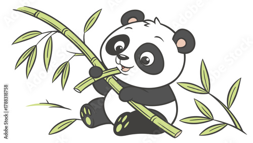 Adorable cartoon baby panda sitting and eating a green bamboo stalk with leaves