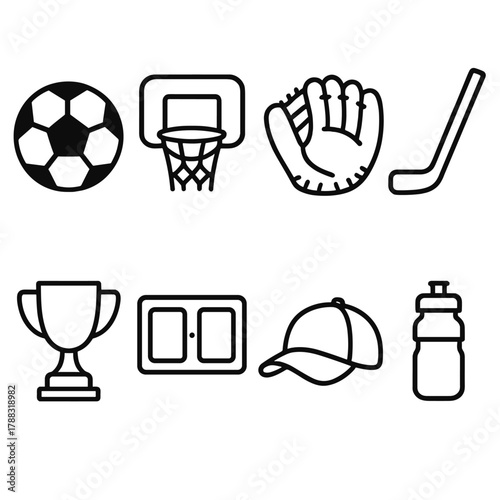 Sports Equipment Icons. Team Sports Set linear icon set: soccer ball, basketball hoop, baseball glove, hockey stick, trophy, scoreboard, cap, water bottle.