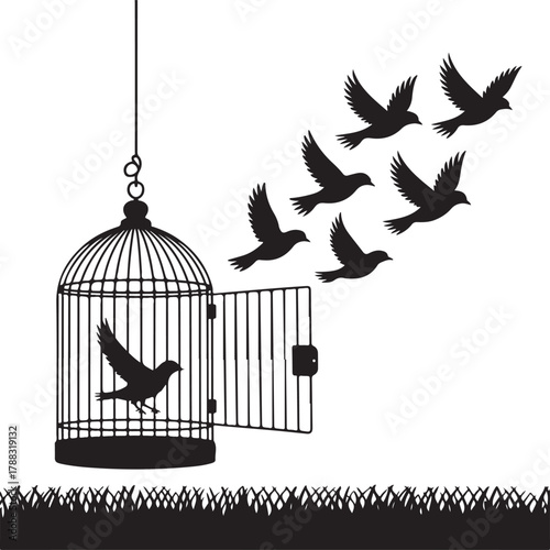 Birds flying free from an open cage symbolizing freedom and escape